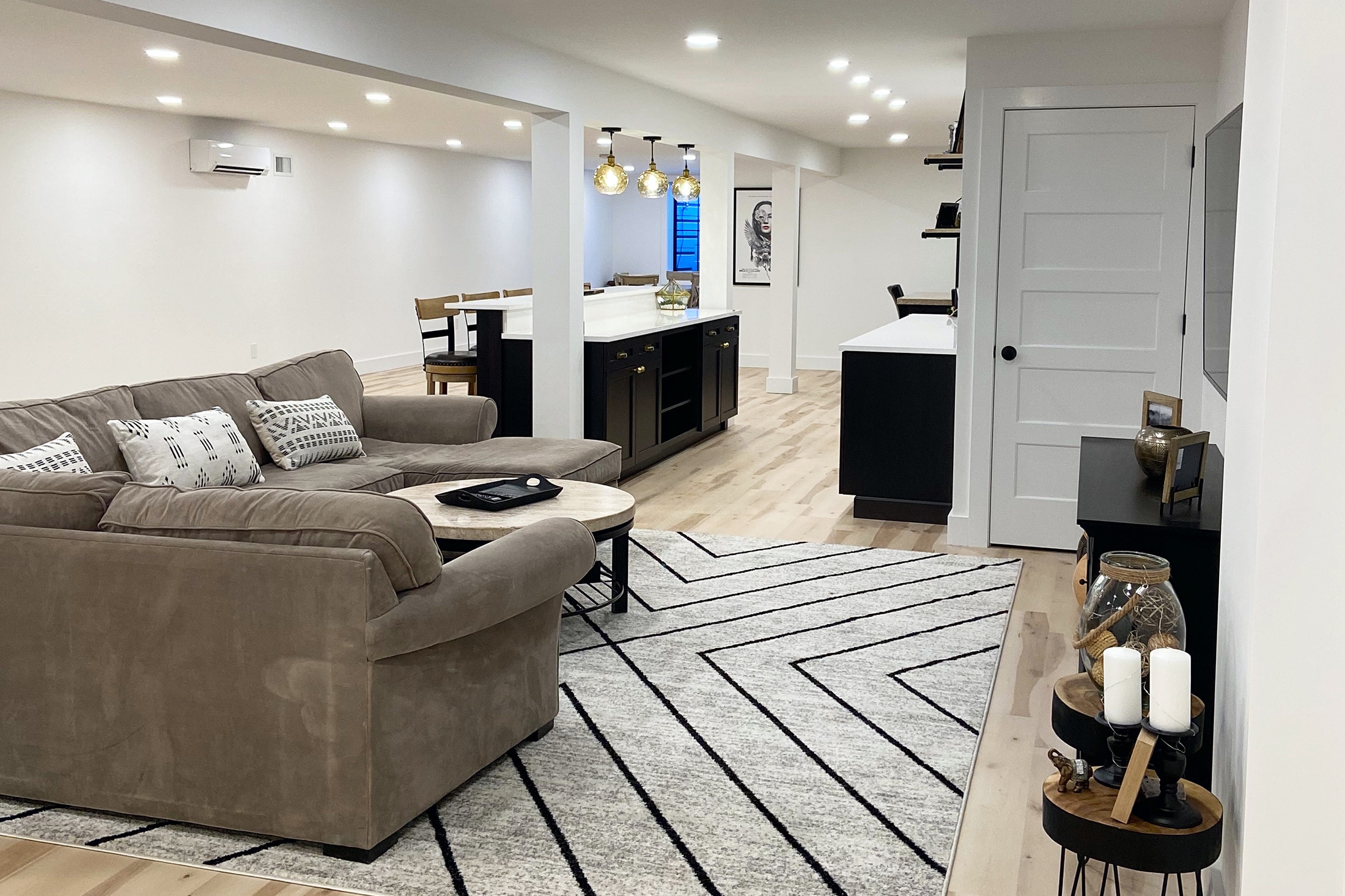 A finished basement in a home in Pearl River, NY. Contractors - Loughlin & Son Construction.